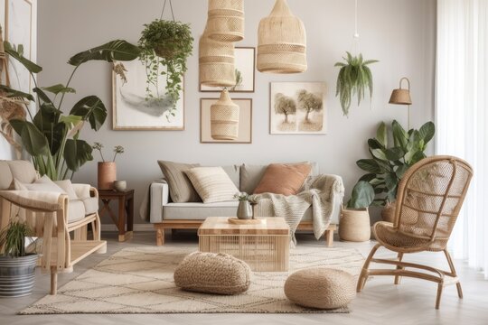 Modern living room with rattan chairs, cushions, plaid, beige macrame, wooden cubes, tropical plants, and exquisite accessories. Decoration. Gray. Generative AI