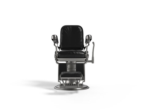 Vintage barber shop arm chair iron polish chrome with black leather isolated on white background 3d rendering image front side view