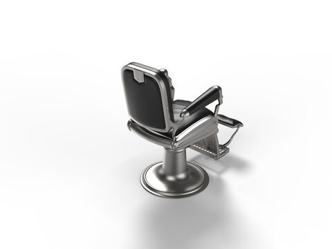 Vintage barber shop arm chair iron polish chrome with black leather isolated on white background 3d rendering image right back isometric side view
