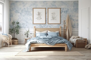 Blue and beige farmhouse bedroom with frame mockup. Wallpaper and wood furniture. Boho decor,. Generative AI