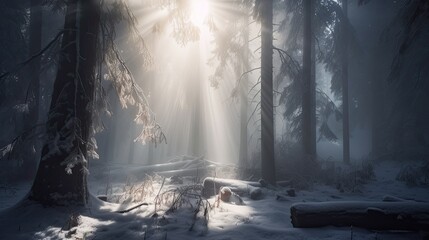 Mystic Winter Wonderland: Magical Snowy Forest with Sun Shining Through Trees, Phenomenal Landscape Background. Generative AI