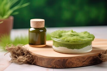 Rejuvenate with Natural Antioxidant Care: Skincare Facial Moisturizer Concept with Sea Moss, Algae, and Wooden Plate on Green Background: Generative AI