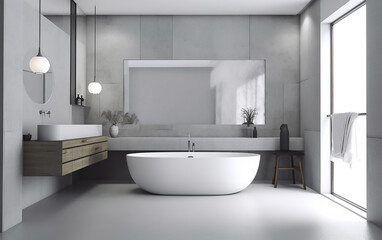 Fototapeta na wymiar A spacious bathroom with a sleek freestanding tub and floating vanity, illuminated by natural light.