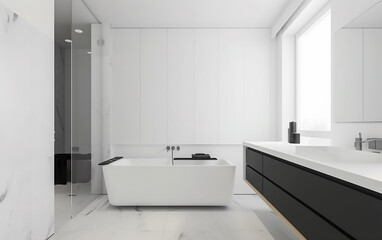 Fototapeta na wymiar Modern bathroom with a minimalist design featuring clean lines, a freestanding tub, and a large window.