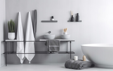 A serene and stylish bathroom setup with floating shelves and a freestanding bathtub for a modern home.