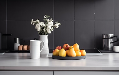 Obraz na płótnie Canvas Sleek kitchen corner with a modern aesthetic, featuring a bowl of fresh fruit and minimalist decor.