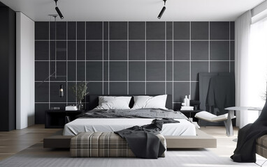Contemporary bedroom with a monochrome theme, featuring sleek furniture and elegant bedding.