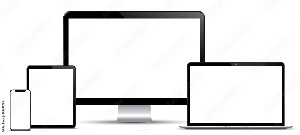 Poster Set of mockup technology devices with empty display computer, laptop, tablet and mobile phone - vector