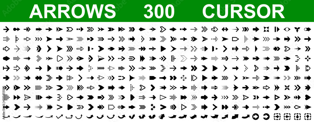 Poster Set 300 arrow icons, collection different arrows sign, set different cursor arrow direction symbols in flat style, black arrows icons – stock vector