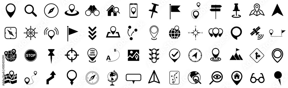 Poster location set icons, navigation signs, gps location symbols, collection map pointer icons - vector