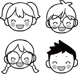 手描きの笑顔の子供たちのイラストセット　モノクロ