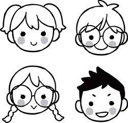 手描きの子供たちの顔イラストセット　モノクロ