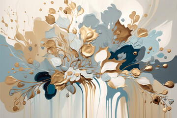 Loose abstract florals soothing dripp paint with neutral blue, light oak and creamy white, spring season, Generative AI