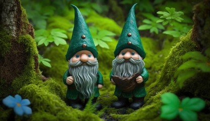 toy irish gnomes in mystery forest, abstract green natural background. magic friends dwarfs and fantasy nature. fairy tale image. harmony beautiful spring or summer season, Generate Ai