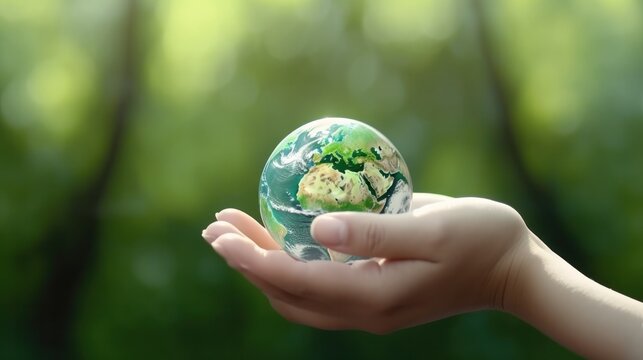 Hands holding green earth on Bokeh green Background, Saving environment, and environmentally sustainable. Save Earth. Concept of the Environment World Earth Day. Generative AI.