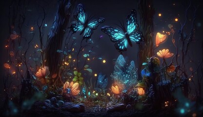 Obraz na płótnie Canvas Fairy forest at night, fantasy glowing flowers, butterfly and lights, Generate Ai
