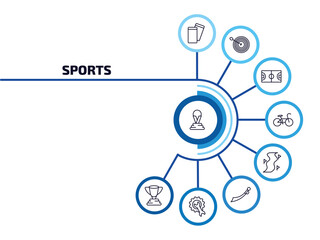 Fototapeta premium sports infographic element with outline icons and 9 step or option. sports icons such as world cup, amonestation, basketball court, race bike, slalom, saber, equipment, champion vector.