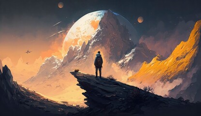 illustration painting of man on top of mountain looking at another new planet, Generate Ai