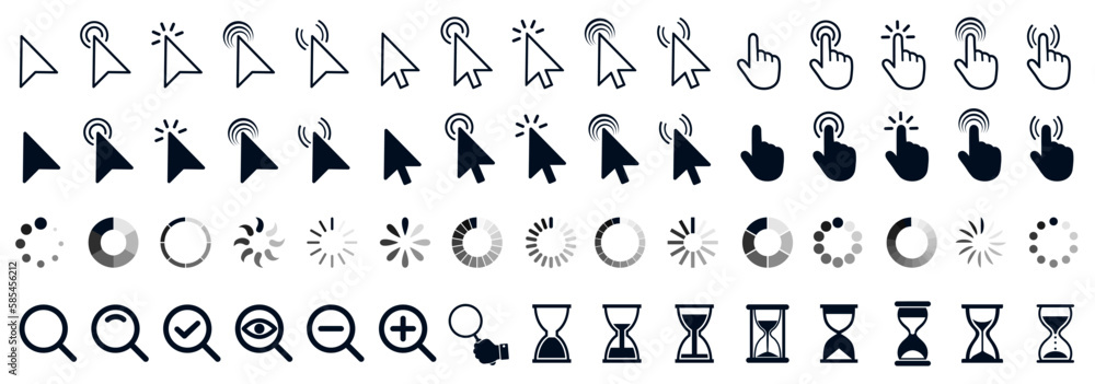 Aufkleber Set of flat cursor icons in hand and arrow form. Mouse click cursor set. Arrow and hand pointer, loading, progress – for stock