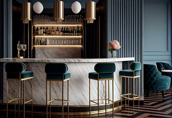 A chic cocktail bar with a stunning marble bar, plush velvet seating, and bold metallic accents, creating a sophisticated ambiance. Generative AI