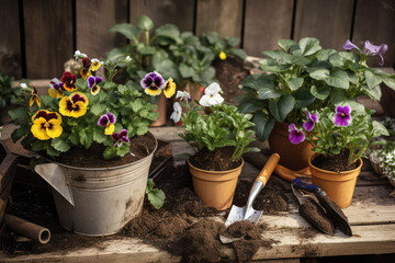 Gardener Planting Pansy With With Flowerpots And Tools 