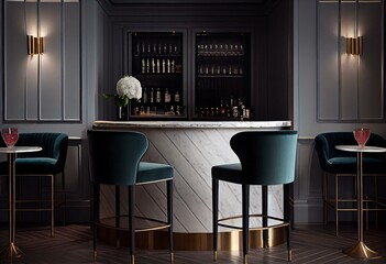 A chic cocktail bar with a stunning marble bar, plush velvet seating, and bold metallic accents, creating a sophisticated ambiance. Generative AI