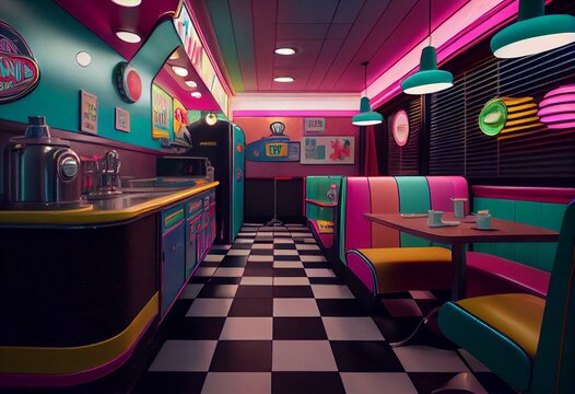 A retro diner with colorful vinyl booths, neon signage, and chrome accents, evoking a nostalgic feel. Generative AI