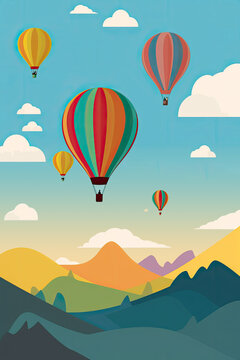 Hot air balloons - Minimalistic flat design landscape illustration. Image for a wallpaper, background, postcard or poster. Generative AI