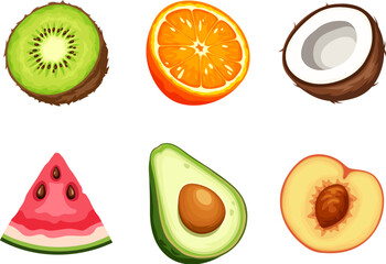 Various fruits (kiwi, orange, coconut, watermelon, avocado, and peach) isolated on a white background. Set of vector icons