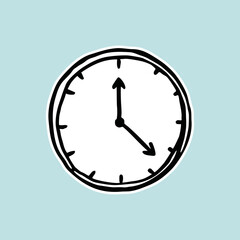 Wall clock in Doodle style. A simple black and white drawing is drawn by hand and isolated on a blue background