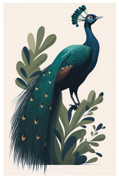 Peacock - Minimalist flat design animal illustration. Image for a wallpaper, background, postcard or poster. Generative AI