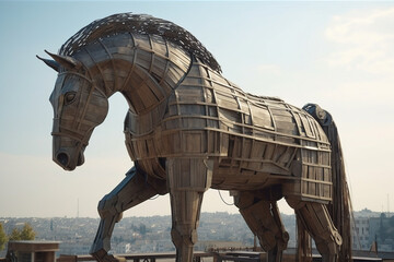 trojan horse,the wooden horse inside the city Created with Generative AI Technology - obrazy, fototapety, plakaty