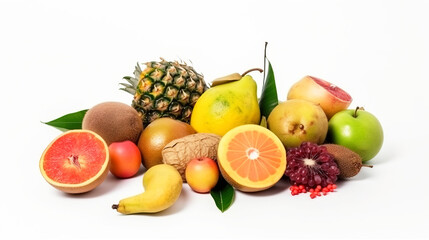 Assortment of exotic tropical fruits isolated on white background. AI generated.