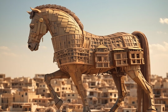 trojan horse,the wooden horse inside the city Created with Generative AI Technology