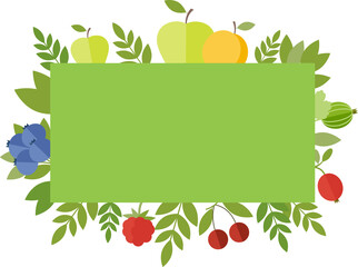 Rectangular horizontal banner in green color with fruits and berries and leaves in flat