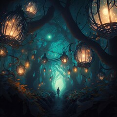 Generative AI of magical fantasy forest with lanterns