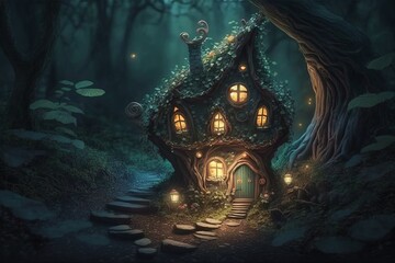 Generative AI of  Fantasy Fairy House in Forest