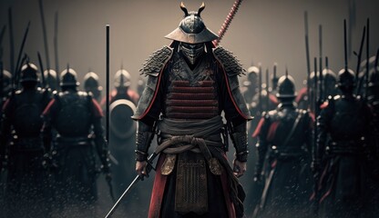A samurai with a katana stands ready to fight against a huge army.  Generate Ai 