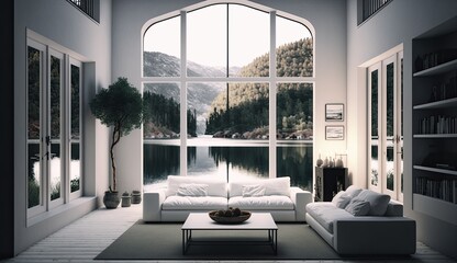 Modern house white spanish style on a lake interior lights, Generative AI Technology 