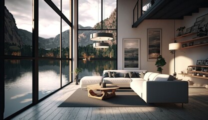 Modern house white spanish style on a lake interior lights, Generative AI Technology 