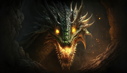 Huge medieval dragon with glowing green eyes and flames in a dark cave. Mythical creature. Concept art of the dragon head in the Gothic style, Generate Ai