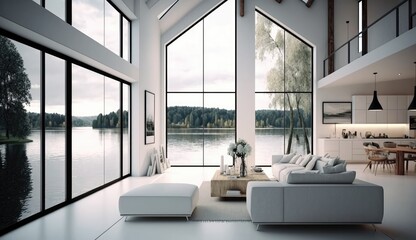 Fototapeta na wymiar Modern house white spanish style on a lake interior lights, Generative AI Technology 