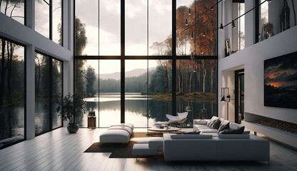 Modern house white spanish style on a lake interior lights, Generative AI Technology 