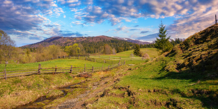 rolling hills and green grass of the countryside lead to majestic mountains and a breathtaking view. spring brings new life to carpathian rural landscape