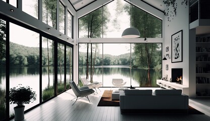 Modern house white spanish style on a lake interior lights, Generative AI Technology 
