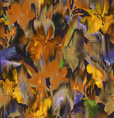 Seamless pattern with digital blurred tropical flowers. Modern trend print for fabric - 585458465