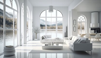 Obraz na płótnie Canvas Modern house white spanish style on a lake interior lights, Generative AI Technology 