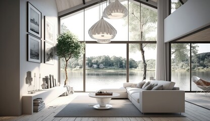 Fototapeta na wymiar Modern house white spanish style on a lake interior lights, Generative AI Technology 