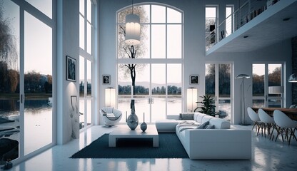 Modern house white spanish style on a lake interior lights, Generative AI Technology 