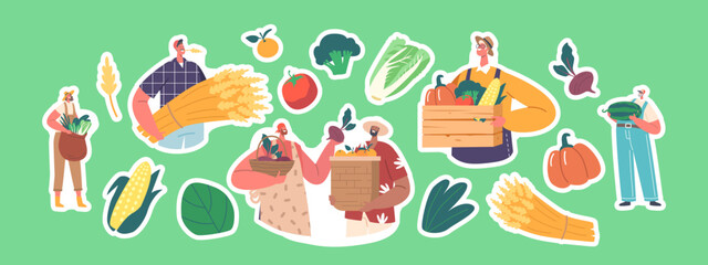 Set Of Stickers Farmers With Crops. Male And Female Rancher Characters With Fresh Agricultural Produce Isolated Patches
